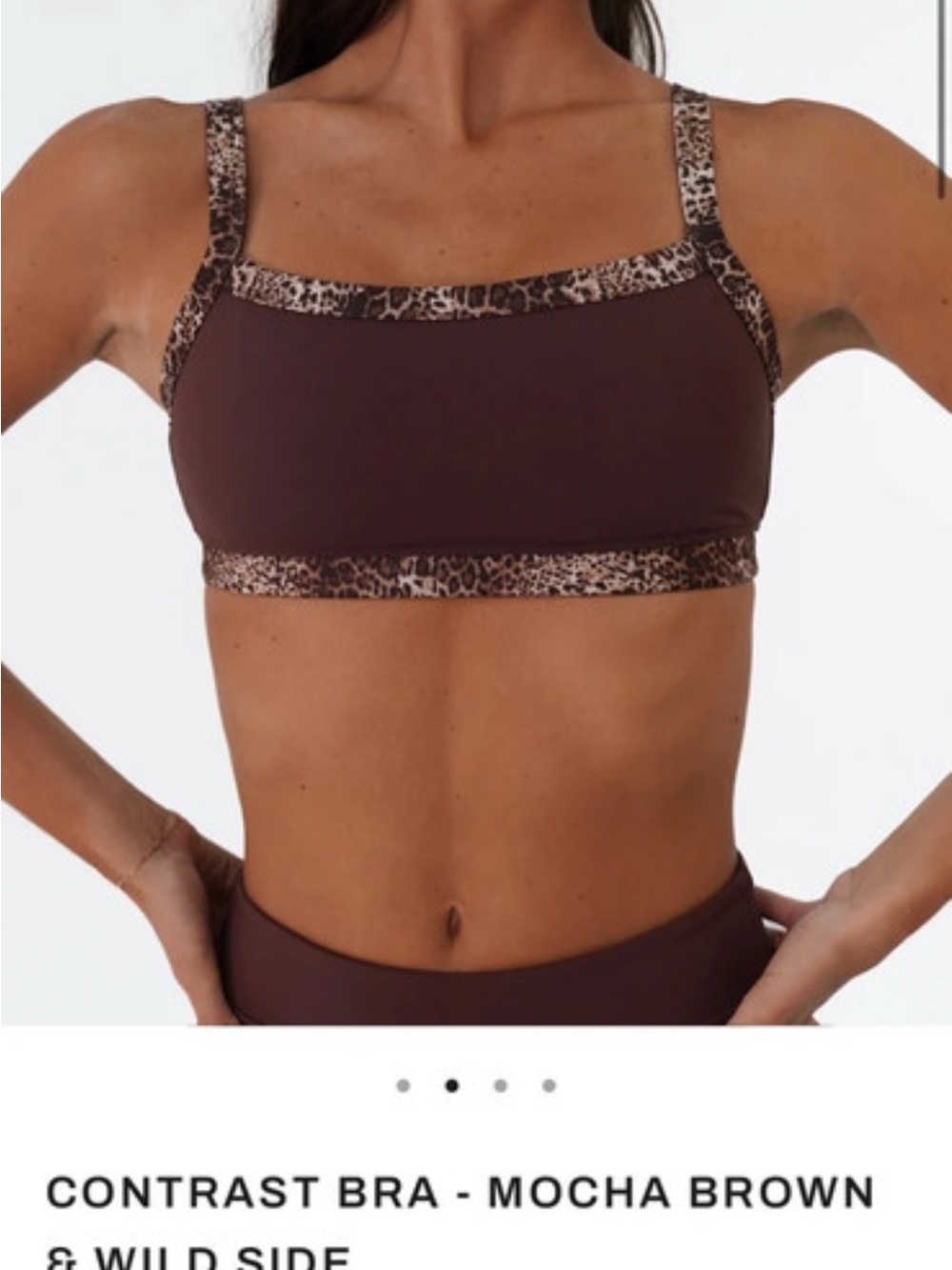 Mocha Brown Contrast Sports Bra with Leopard Trim